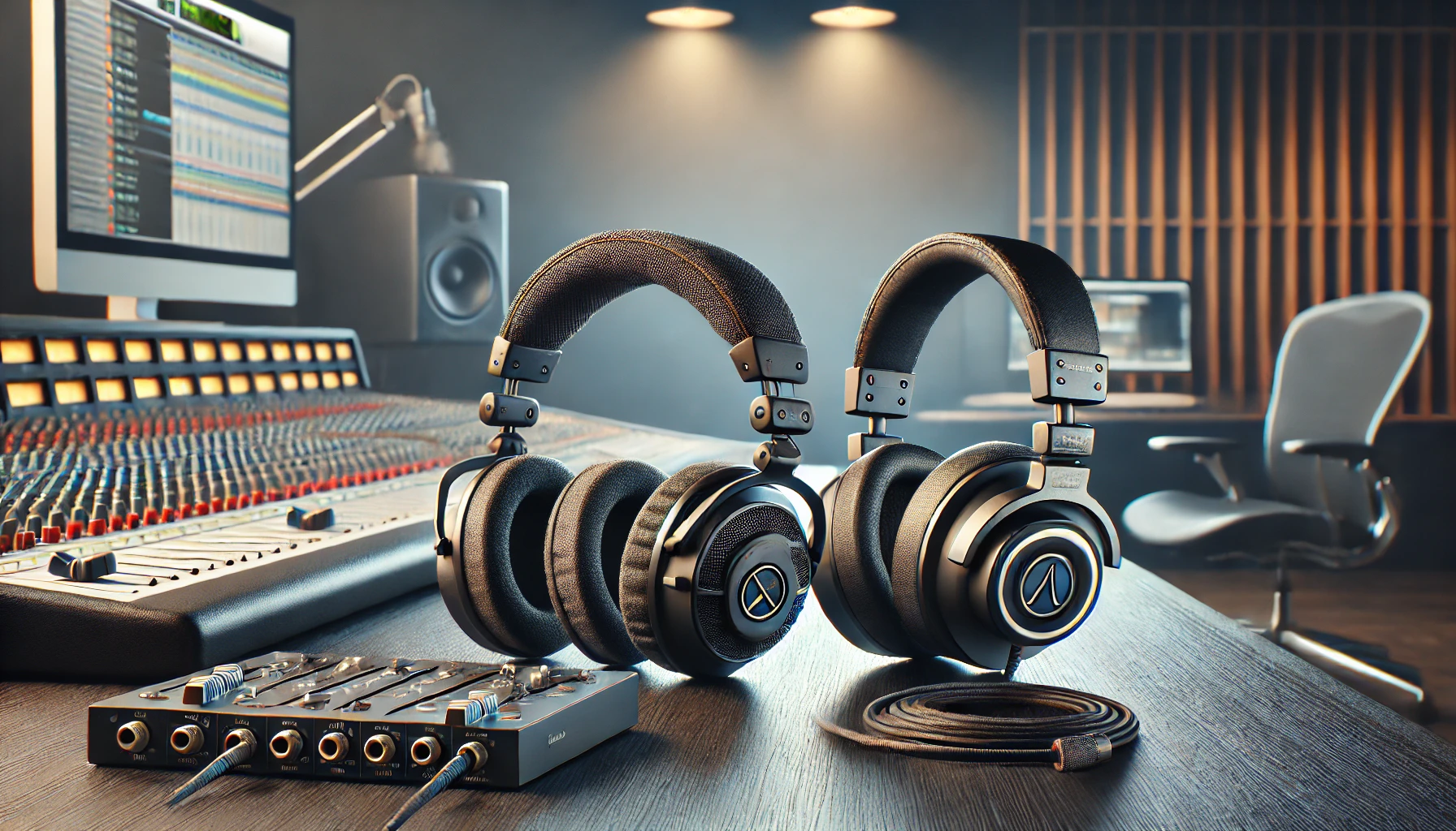 Comparison of three top professional studio headphones: Beyerdynamic DT 770 Pro, Audio-Technica ATH-M50X, and AKG K371, displayed on a modern studio desk with a mixing console in the background. High-quality closed-back headphones for music production, mixing, and critical listening