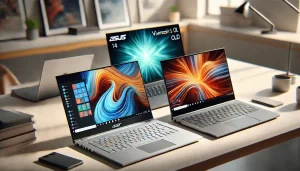 Acer Aspire 5 (2024), ASUS Vivobook S 14 OLED, and Xiaomi RedmiBook Pro 16 placed side by side on a modern workspace desk. The Acer Aspire 5 features a sleek silver design with a bright 15.6-inch IPS display, the ASUS Vivobook S 14 OLED showcases its vibrant OLED screen with thin bezels, and the Xiaomi RedmiBook Pro 16 has a premium metal build with a large 16-inch 3K display. A professional and well-lit tech setup enhances the scene, making it ideal for laptop comparisons and buyer guides.