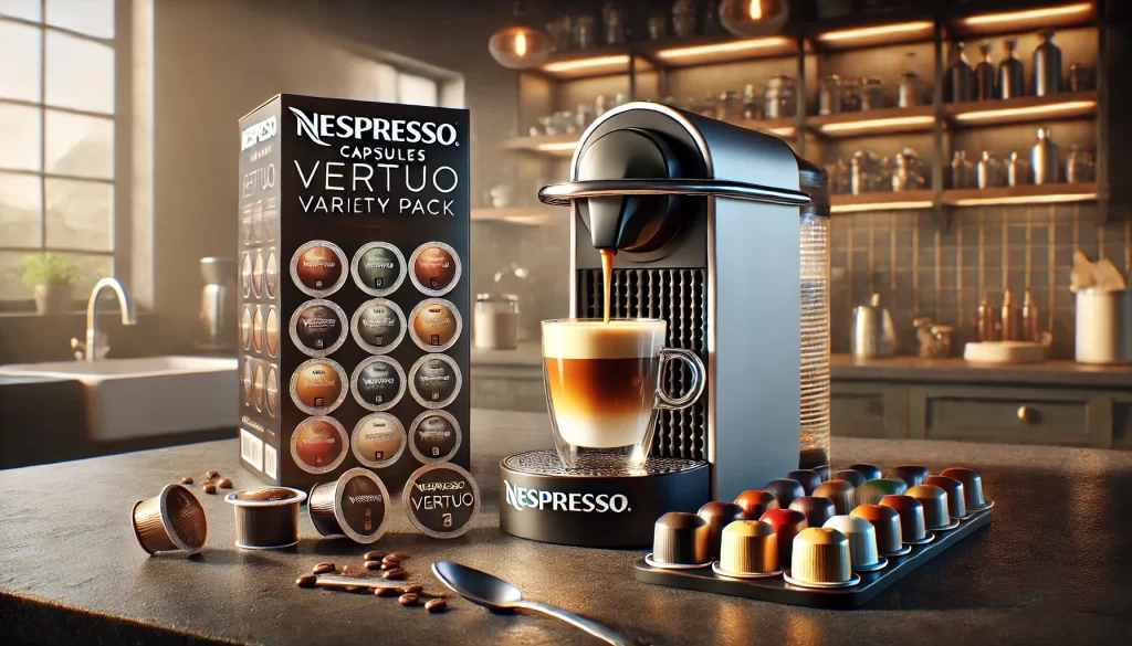 A Nespresso Vertuo coffee setup featuring a Nespresso machine brewing a rich espresso into a glass cup. Beside it, a neatly arranged selection of Nespresso Capsules Vertuo Variety Pack displays different flavors and colors. The modern kitchen counter setting includes coffee accessories like a milk frother, teaspoon, and coffee beans, creating a cozy and premium coffee experience.