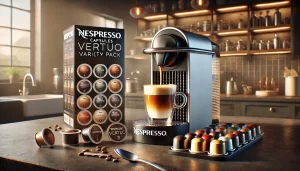 A Nespresso Vertuo coffee setup featuring a Nespresso machine brewing a rich espresso into a glass cup. Beside it, a neatly arranged selection of Nespresso Capsules Vertuo Variety Pack displays different flavors and colors. The modern kitchen counter setting includes coffee accessories like a milk frother, teaspoon, and coffee beans, creating a cozy and premium coffee experience.