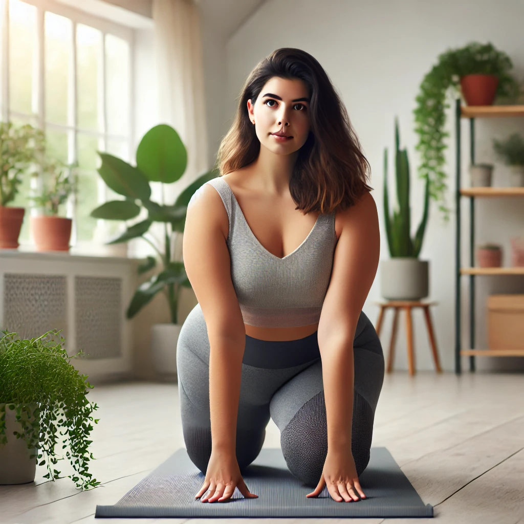 Plus-size woman practicing yoga for weight loss at home, performing a seated forward bend to improve flexibility and burn calories. Yoga is great for all body types, promoting movement and confidence