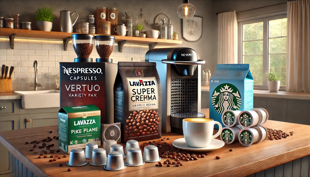 Nespresso Capsules Vertuo, Lavazza Super Crema Whole Bean, and Starbucks Pike Place K-Cups displayed on a stylish countertop with coffee machines and accessories in a cozy kitchen setting.