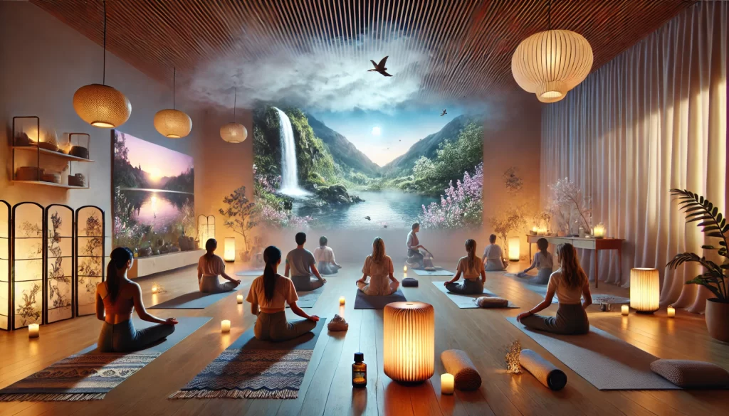 Serene yoga studio with participants engaged in a multisensory yoga class, featuring ambient lighting, calming nature visuals, incense aroma, essential oil diffusers, soft textured mats, and soothing meditative music for a holistic relaxation experience.