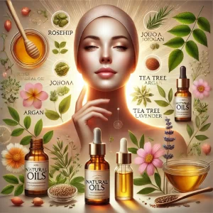 A visually appealing infographic titled "Top Natural Oils for Skin Rejuvenation: Enhance Your Complexion with These Essential Oils." The image features beautifully arranged small bottles of natural oils, each labeled with names like rosehip, jojoba, argan, tea tree, and lavender. Surrounding the bottles are corresponding plants, seeds, and flowers, symbolizing their natural sources. The background is soft and spa-like, with warm, natural lighting enhancing the sense of relaxation and skin nourishment. The design emphasizes a glowing, radiant complexion.