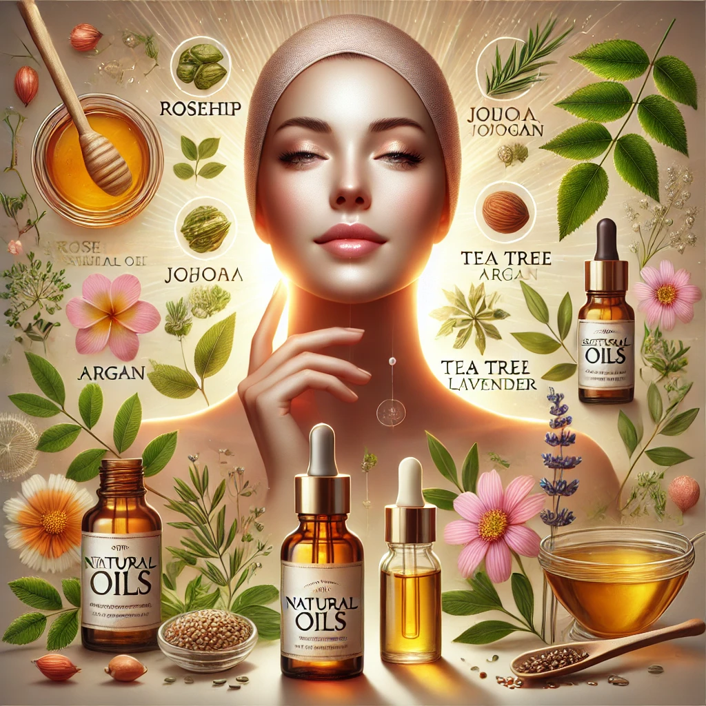 A visually appealing infographic titled "Top Natural Oils for Skin Rejuvenation: Enhance Your Complexion with These Essential Oils." The image features beautifully arranged small bottles of natural oils, each labeled with names like rosehip, jojoba, argan, tea tree, and lavender. Surrounding the bottles are corresponding plants, seeds, and flowers, symbolizing their natural sources. The background is soft and spa-like, with warm, natural lighting enhancing the sense of relaxation and skin nourishment. The design emphasizes a glowing, radiant complexion.