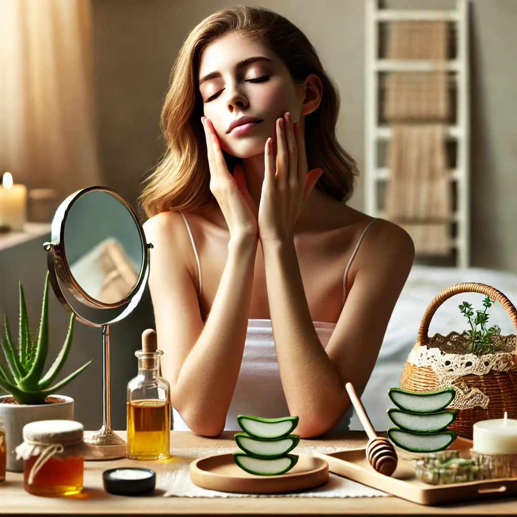 A woman practicing face yoga in a serene, spa-like setting. She gently massages her cheeks and jawline with her fingertips, demonstrating natural techniques for facial slimming and plumping. A nearby table holds natural skincare remedies like aloe vera, honey, and essential oils. The scene is softly lit, creating a peaceful and rejuvenating atmosphere.