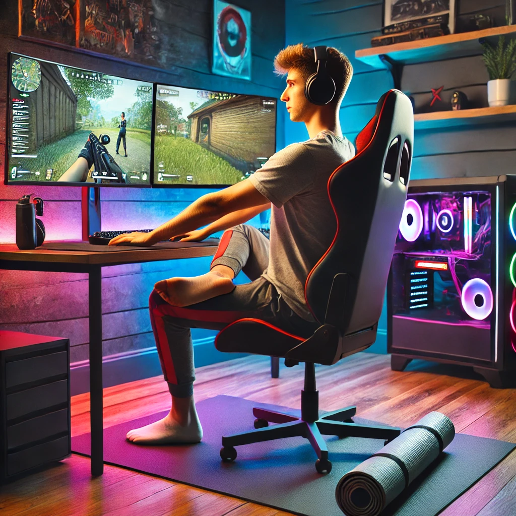 A young eSports gamer practicing yoga in a modern gaming setup with RGB lighting, dual monitors displaying a competitive game, and an ergonomic gaming chair. The gamer is performing a seated spinal twist on a yoga mat, with gaming peripherals and a water bottle nearby, blending wellness and gaming in a balanced environment.