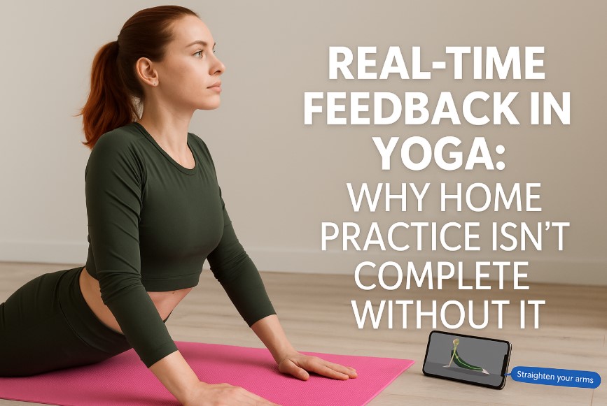 Woman practicing yoga in Cobra pose on a pink mat while receiving real-time posture correction from an AI-powered app displayed on her smartphone
