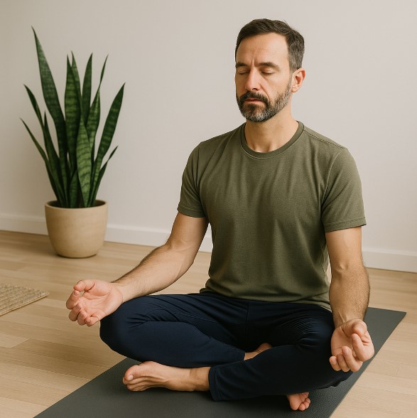 Middle-aged man with beard practicing mindfulness in a seated yoga pose on a mat at home, surrounded by natural light and a green indoor plant